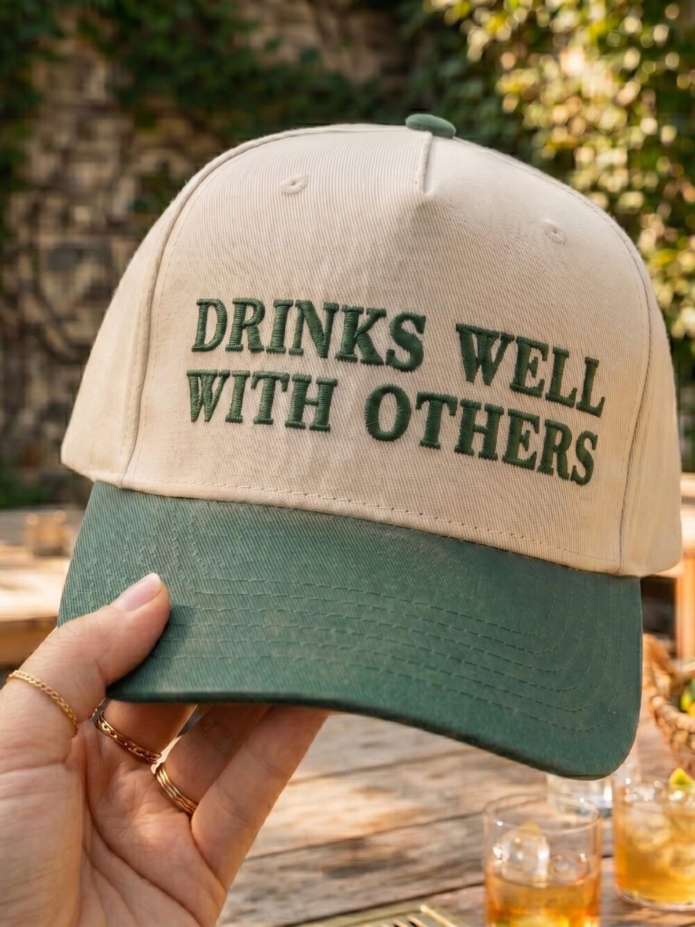 Embroidered Drinks Well With Others Hat Retro Two Tone Trucker Cap , Festival Ha